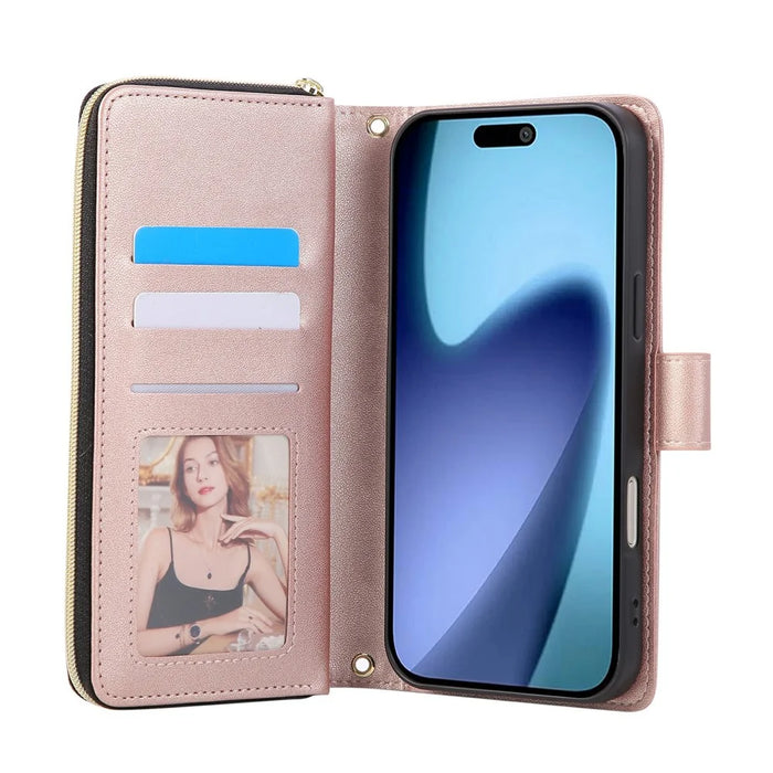 For iPhone 18 Pro / 17 Pro Case Zipper Wallet Rhombus PU Leather Crossbody Phone Cover - Rose Gold - 2