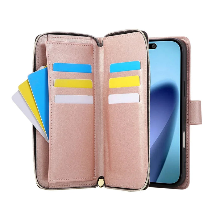 For iPhone 18 Pro / 17 Pro Case Zipper Wallet Rhombus PU Leather Crossbody Phone Cover - Rose Gold - 3