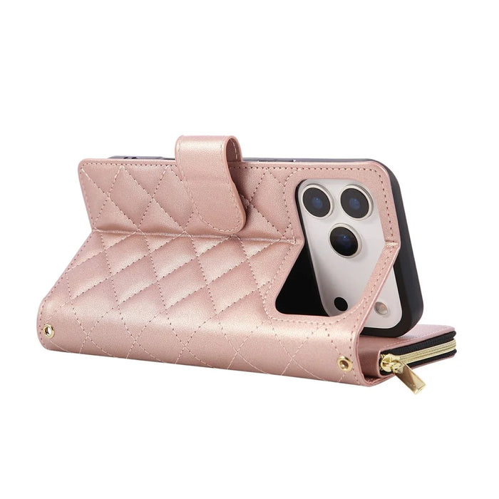 For iPhone 18 Pro / 17 Pro Case Zipper Wallet Rhombus PU Leather Crossbody Phone Cover - Rose Gold - 5