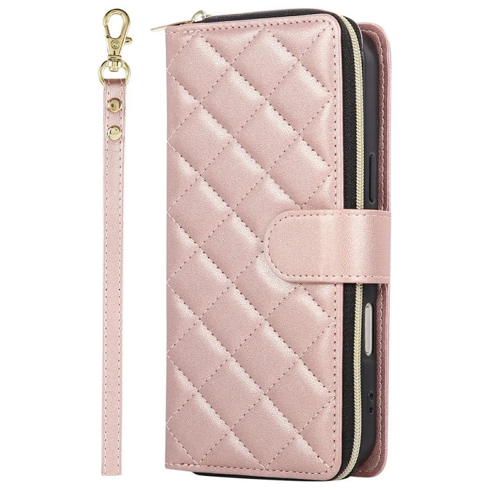 For iPhone 18 Pro / 17 Pro Case Zipper Wallet Rhombus PU Leather Crossbody Phone Cover - Rose Gold - 7