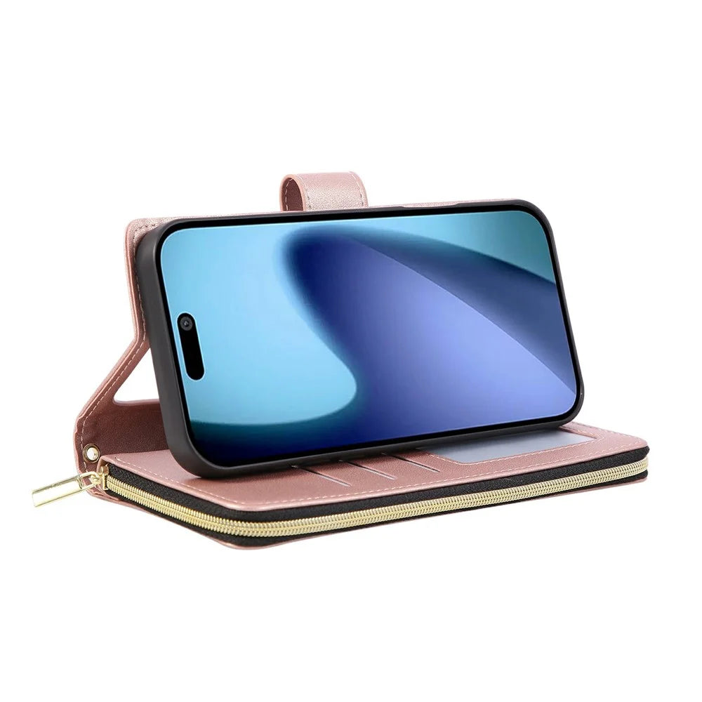 For iPhone 18 Pro Max / 17 Pro Max Case Zipper Wallet Rhombus PU Leather Crossbody Phone Cover - Rose Gold - 4