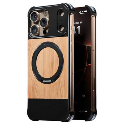 For iPhone 16 Pro Max Magnetic Case Borderless Walnut + Metal Kickstand Phone Cover - Deep Wood Grain - 1