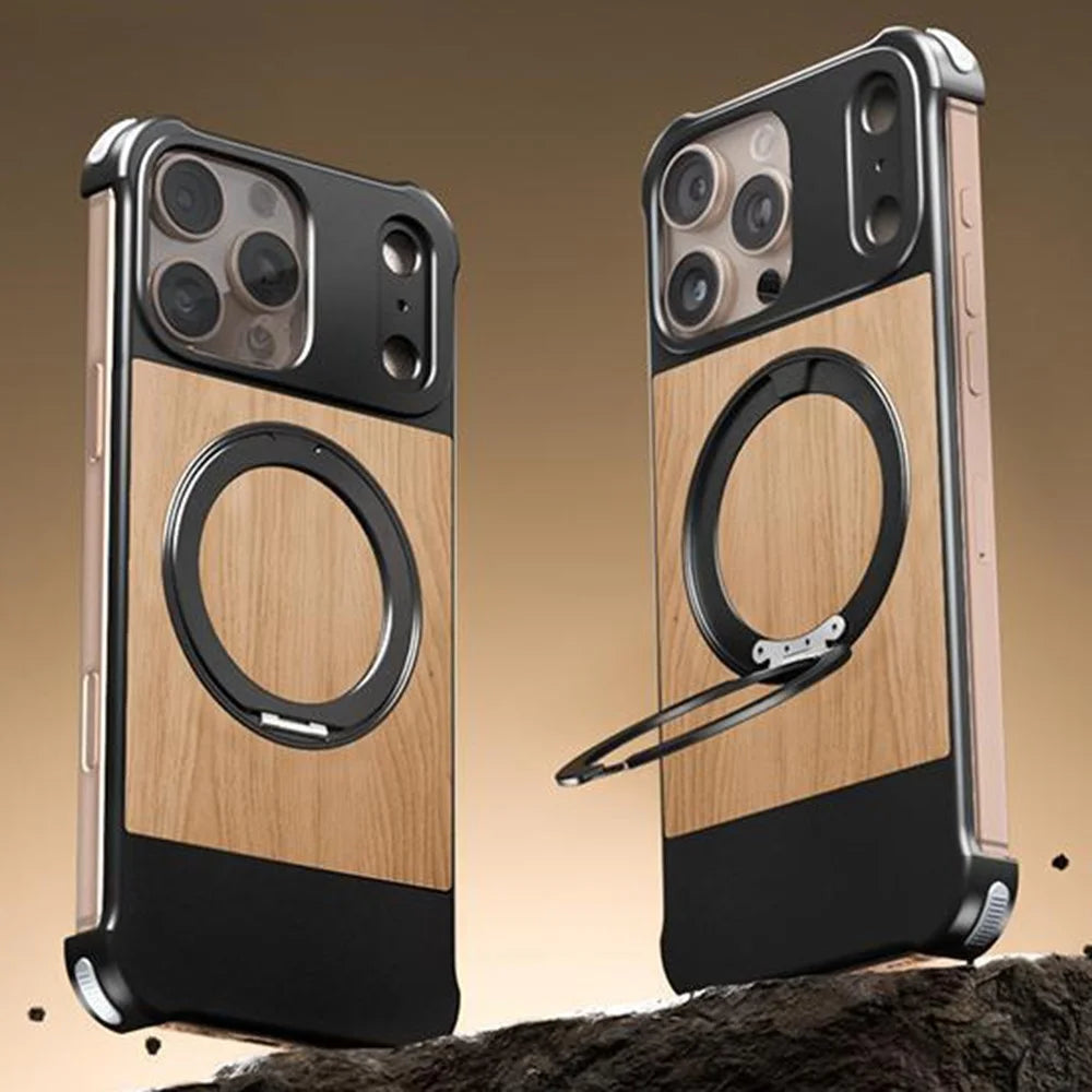 For iPhone 16 Pro Max Magnetic Case Borderless Walnut + Metal Kickstand Phone Cover - Deep Wood Grain - 2