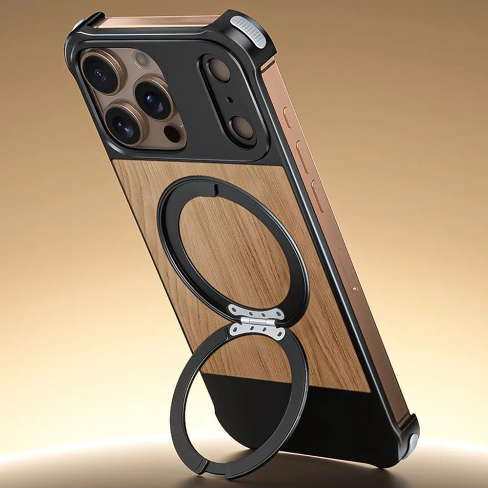 For iPhone 16 Pro Max Magnetic Case Borderless Walnut + Metal Kickstand Phone Cover - Deep Wood Grain - 3