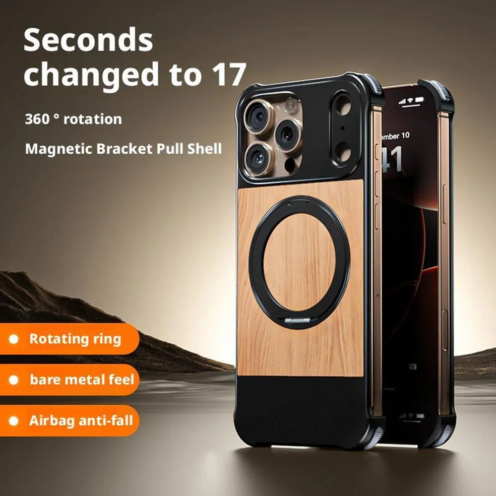 For iPhone 16 Pro Max Magnetic Case Borderless Walnut + Metal Kickstand Phone Cover - Deep Wood Grain - 4