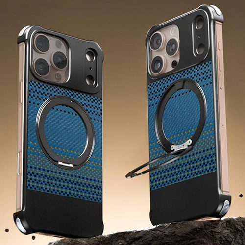 For iPhone 16 Pro Max Magnetic Case Borderless Carbon Fiber Texture PU Metal Phone Cover with Kickstand - Moonrise - 1