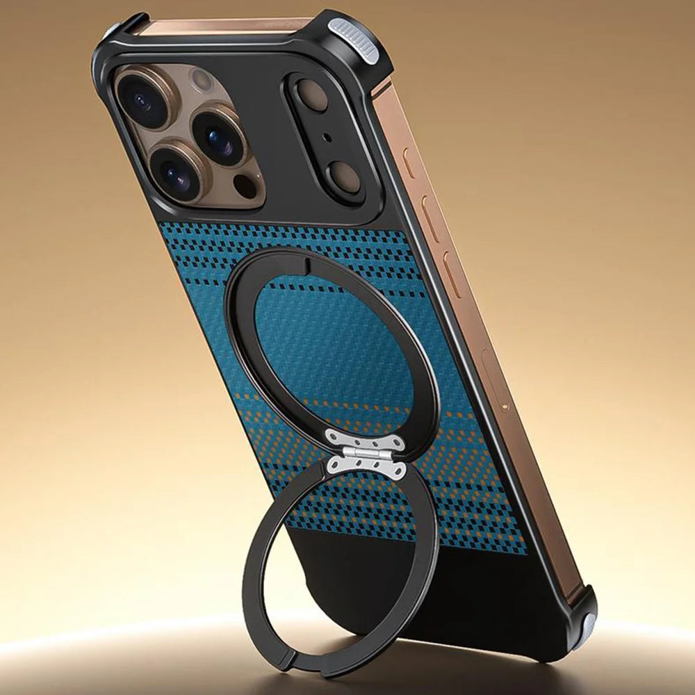 For iPhone 16 Pro Max Magnetic Case Borderless Carbon Fiber Texture PU Metal Phone Cover with Kickstand - Moonrise - 2