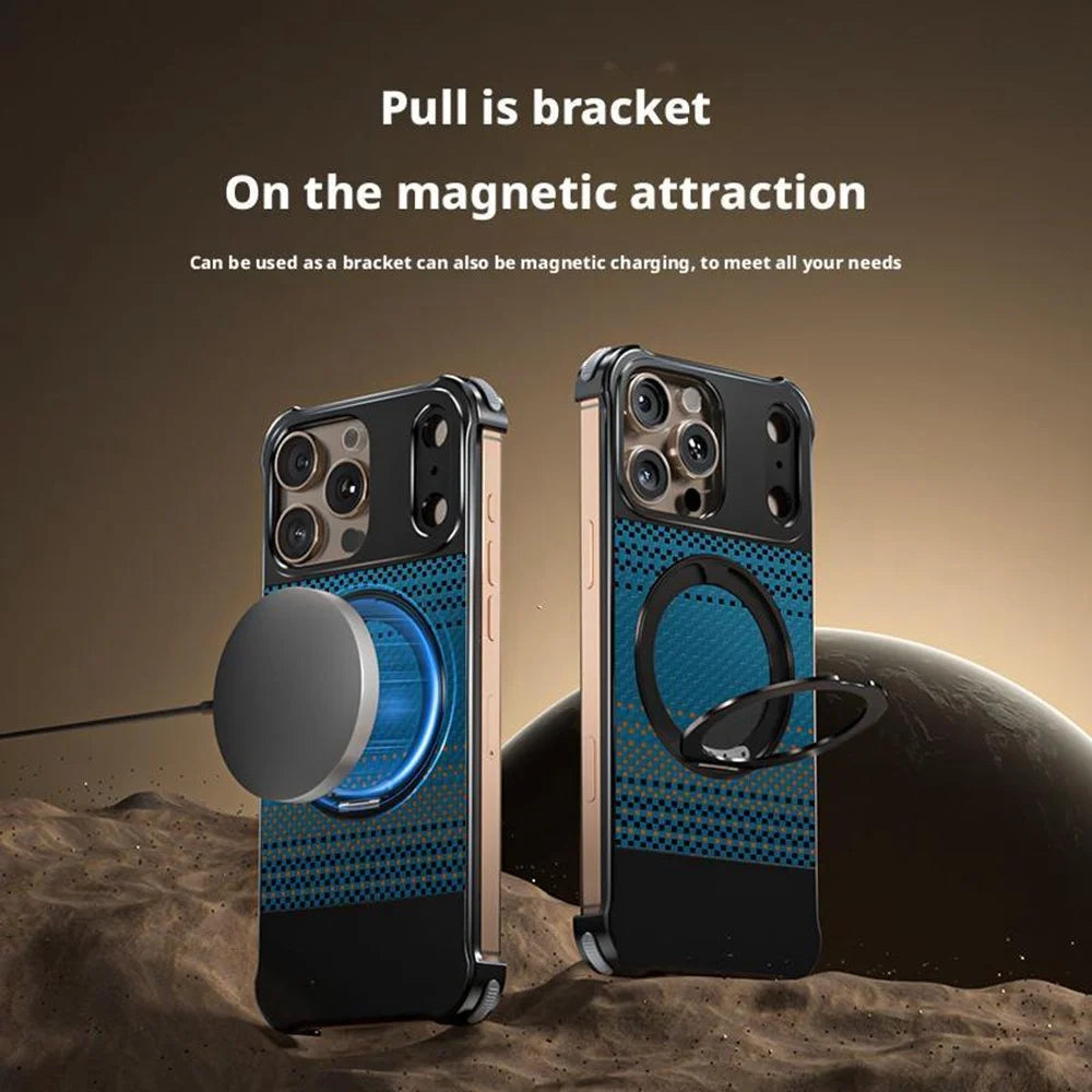 For iPhone 16 Pro Max Magnetic Case Borderless Carbon Fiber Texture PU Metal Phone Cover with Kickstand - Moonrise - 3