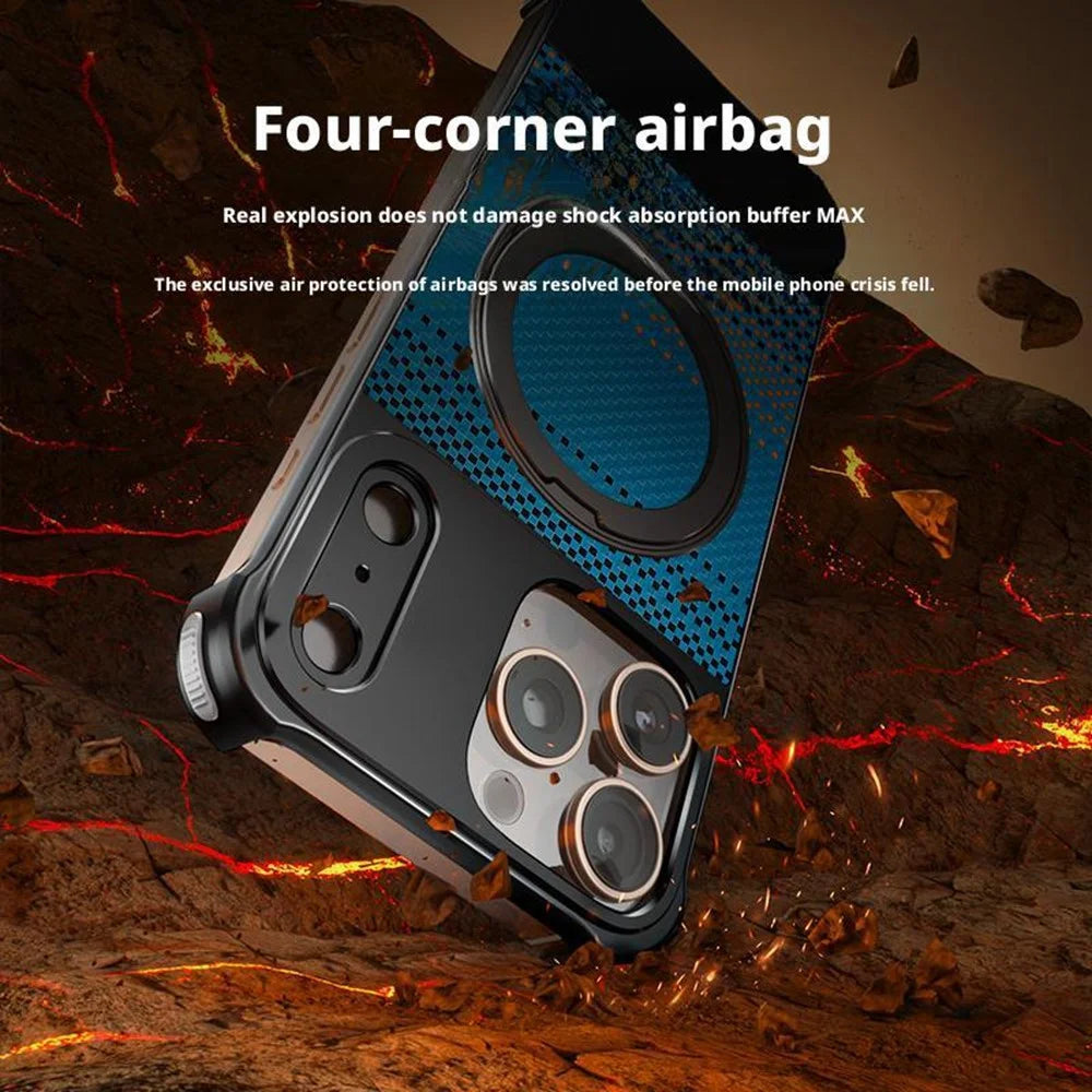 For iPhone 16 Pro Max Magnetic Case Borderless Carbon Fiber Texture PU Metal Phone Cover with Kickstand - Moonrise - 4