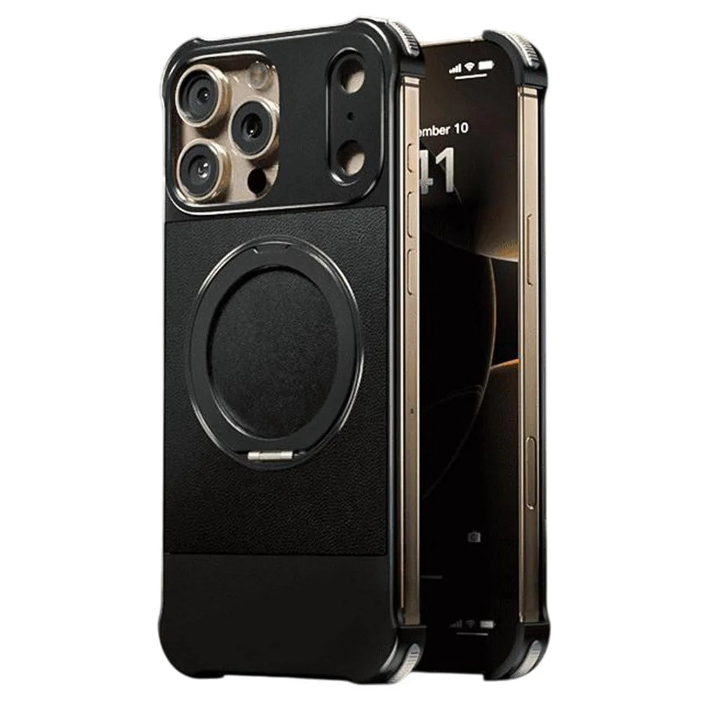 For iPhone 16 Pro Max Magnetic Case with Kickstand Borderless PU + Metal Drop Proof Phone Back Cover - Black - 1