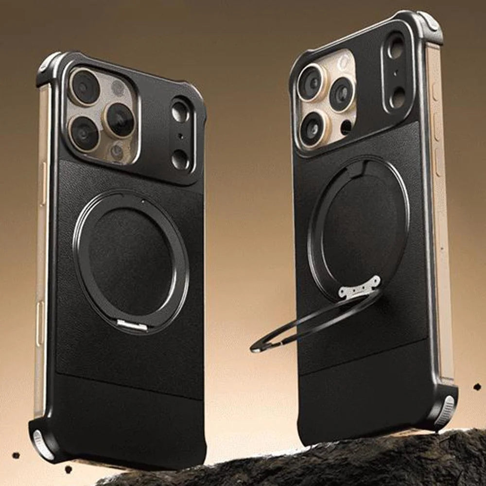 For iPhone 16 Pro Max Magnetic Case with Kickstand Borderless PU + Metal Drop Proof Phone Back Cover - Black - 2