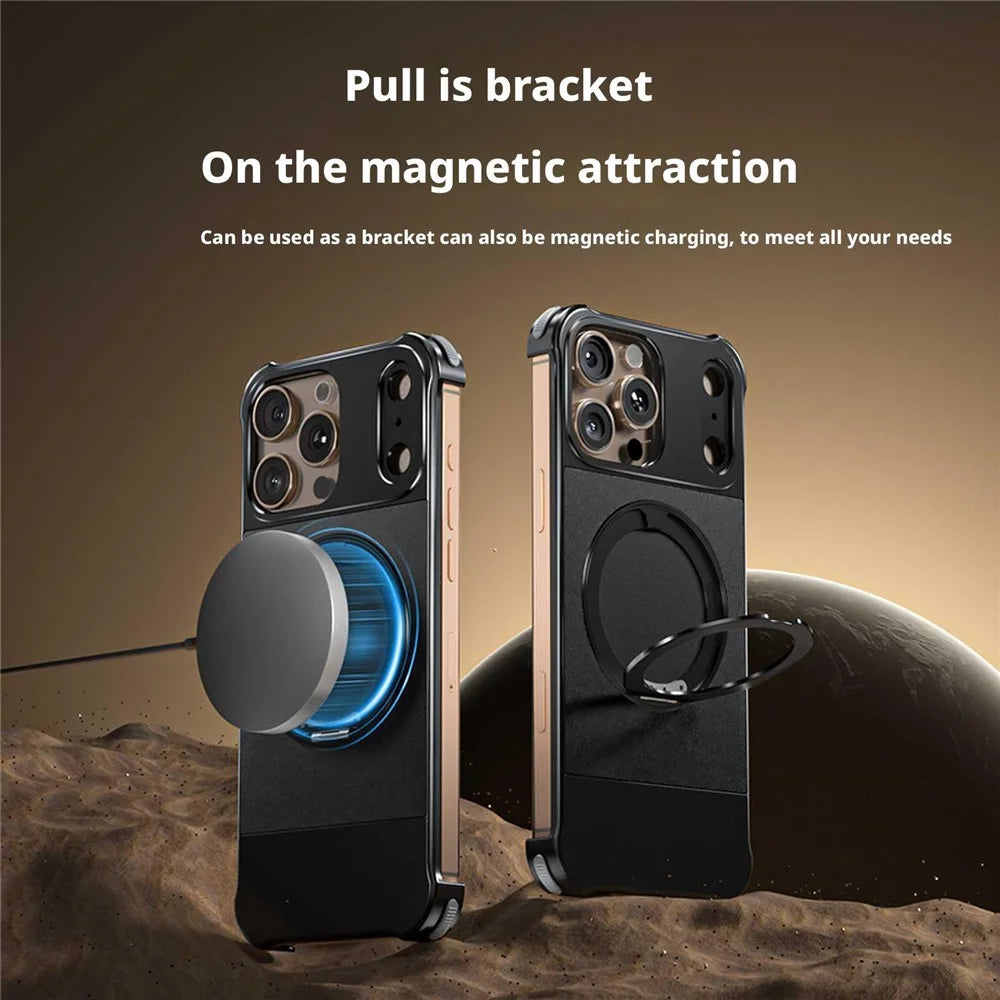 For iPhone 16 Pro Max Magnetic Case with Kickstand Borderless PU + Metal Drop Proof Phone Back Cover - Black - 4