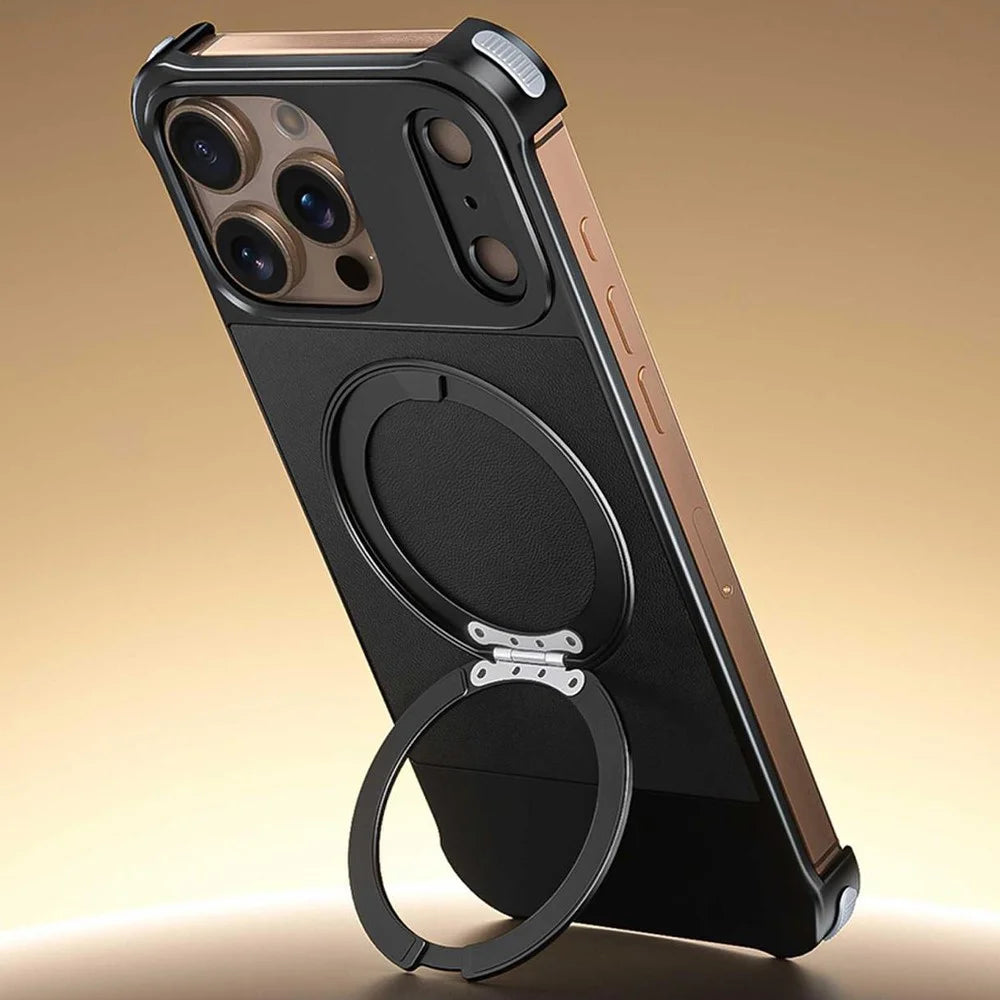 For iPhone 16 Pro Max Magnetic Case with Kickstand Borderless PU + Metal Drop Proof Phone Back Cover - Black - 5
