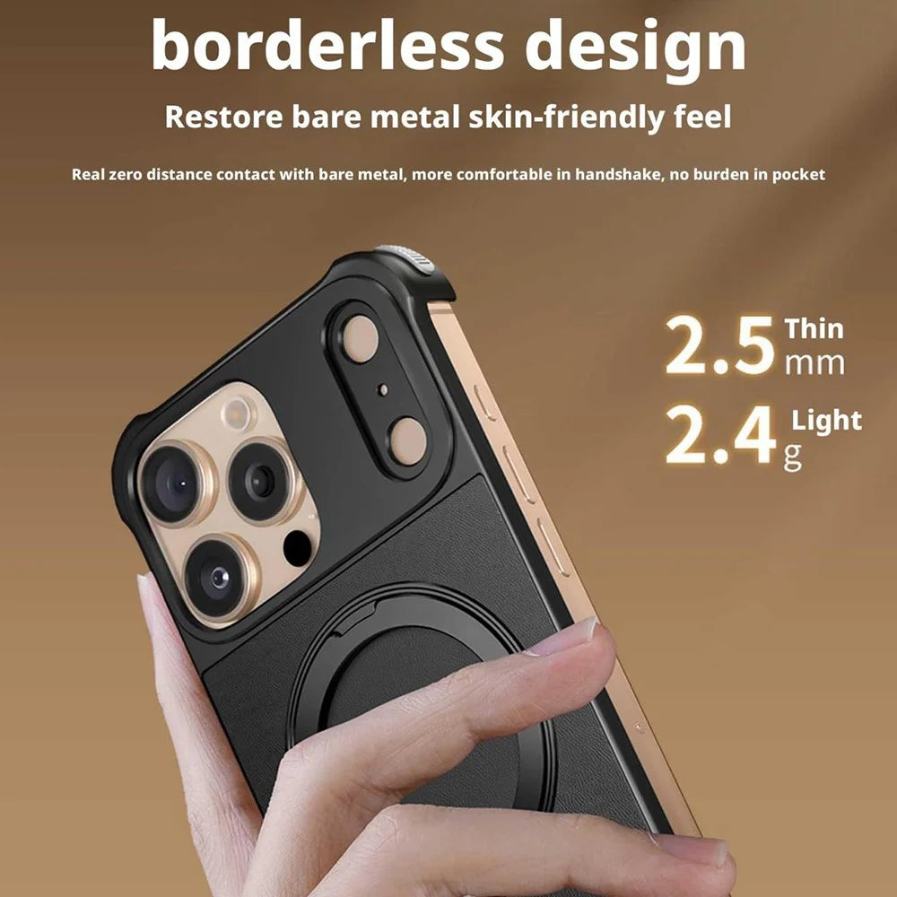For iPhone 16 Pro Max Magnetic Case with Kickstand Borderless PU + Metal Drop Proof Phone Back Cover - Black - 7