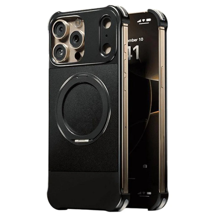 For iPhone 14 Pro Max Magnetic Case with Kickstand Borderless PU + Metal Drop Proof Phone Back Cover - Black - 1