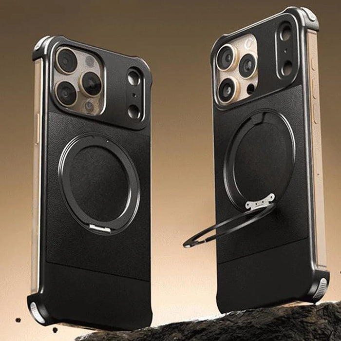 For iPhone 14 Pro Max Magnetic Case with Kickstand Borderless PU + Metal Drop Proof Phone Back Cover - Black - 2