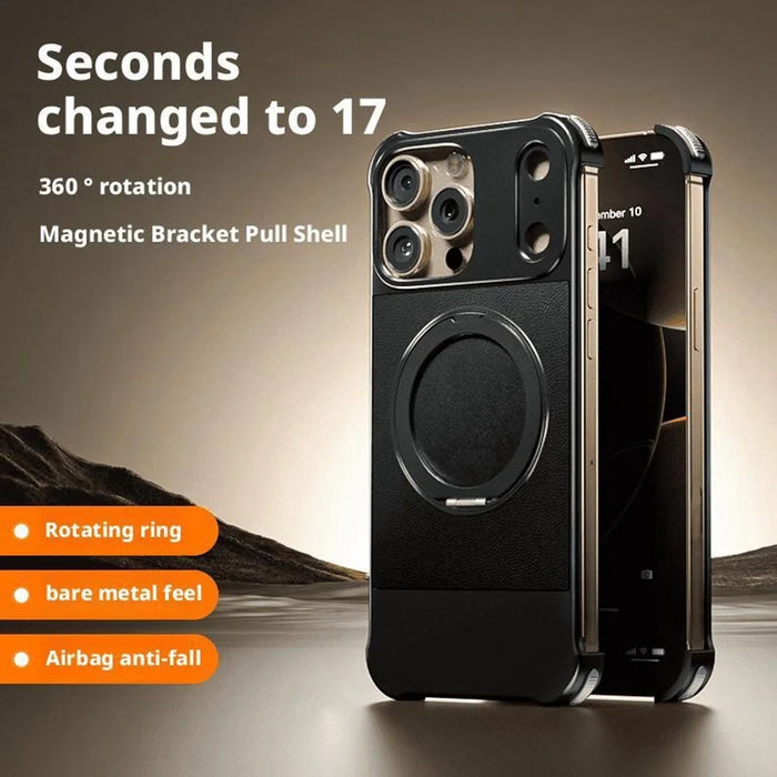 For iPhone 14 Pro Max Magnetic Case with Kickstand Borderless PU + Metal Drop Proof Phone Back Cover - Black - 3