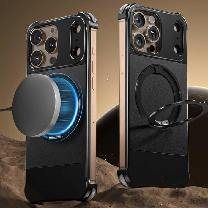 For iPhone 14 Pro Max Magnetic Case with Kickstand Borderless PU + Metal Drop Proof Phone Back Cover - Black - 4