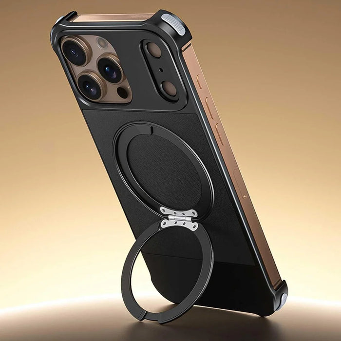 For iPhone 14 Pro Max Magnetic Case with Kickstand Borderless PU + Metal Drop Proof Phone Back Cover - Black - 5