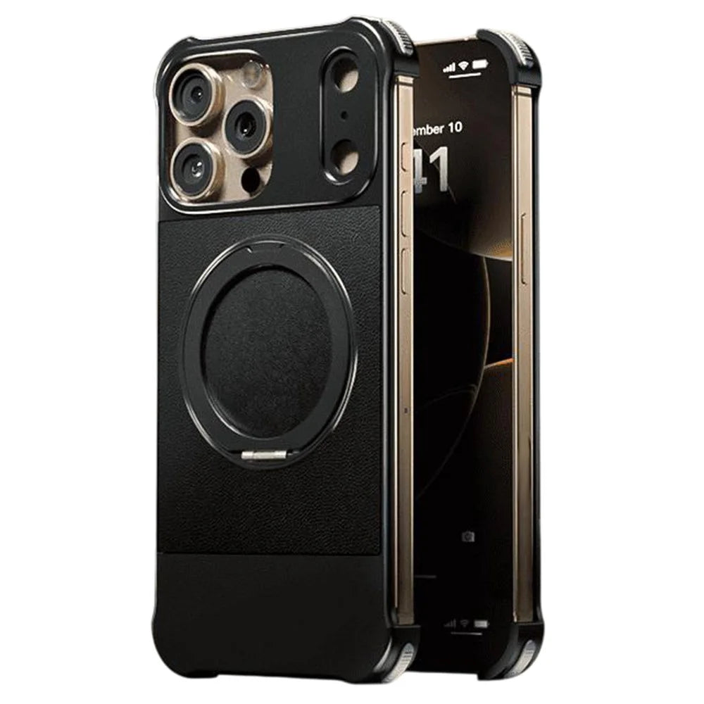 For iPhone 13 Pro Max Magnetic Case with Kickstand Borderless PU + Metal Drop Proof Phone Back Cover - Black - 1