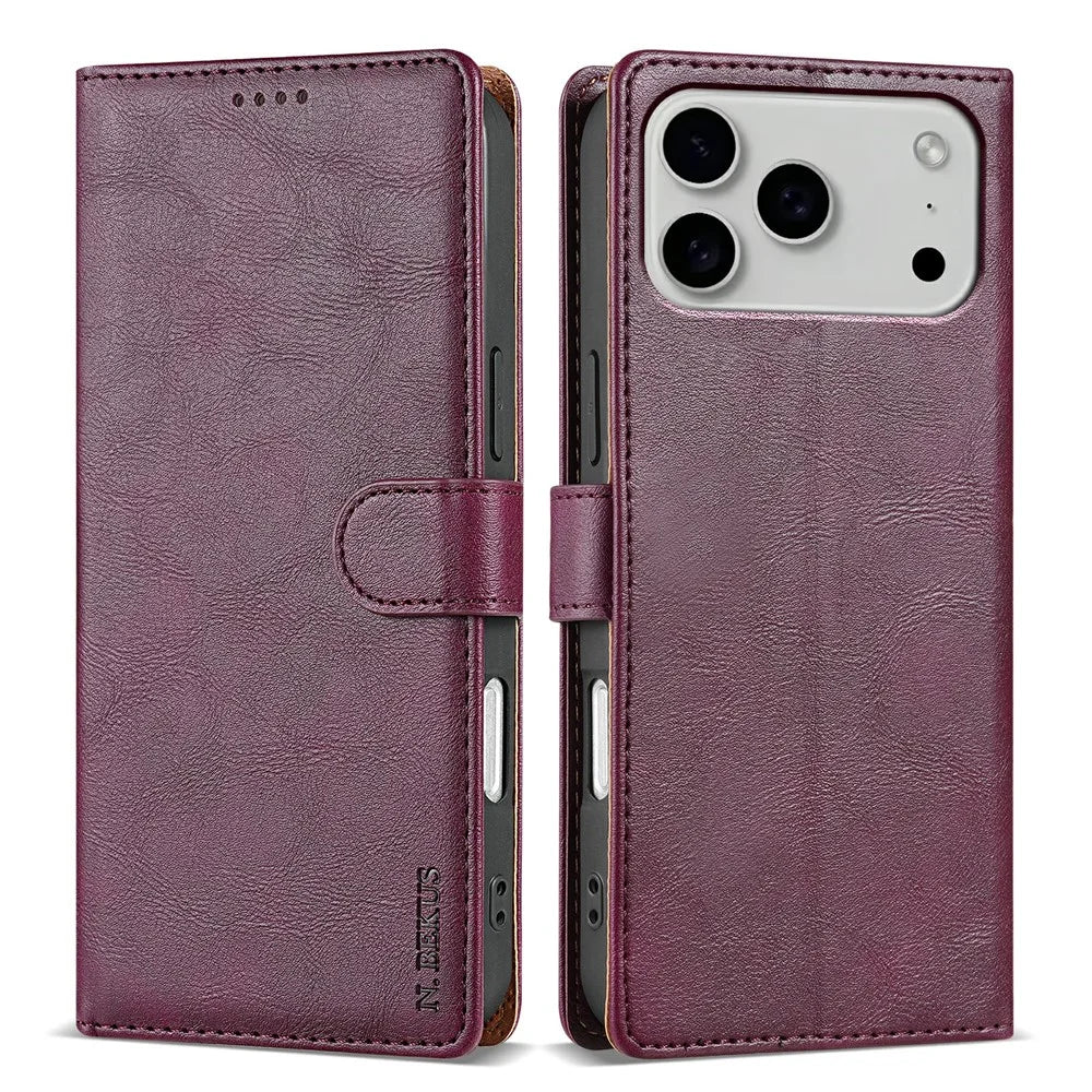 N.BEKUS CSJ-001 For iPhone 18 Pro / 17 Pro Stand Case PU Leather Wallet Phone Cover - Wine Red - 1