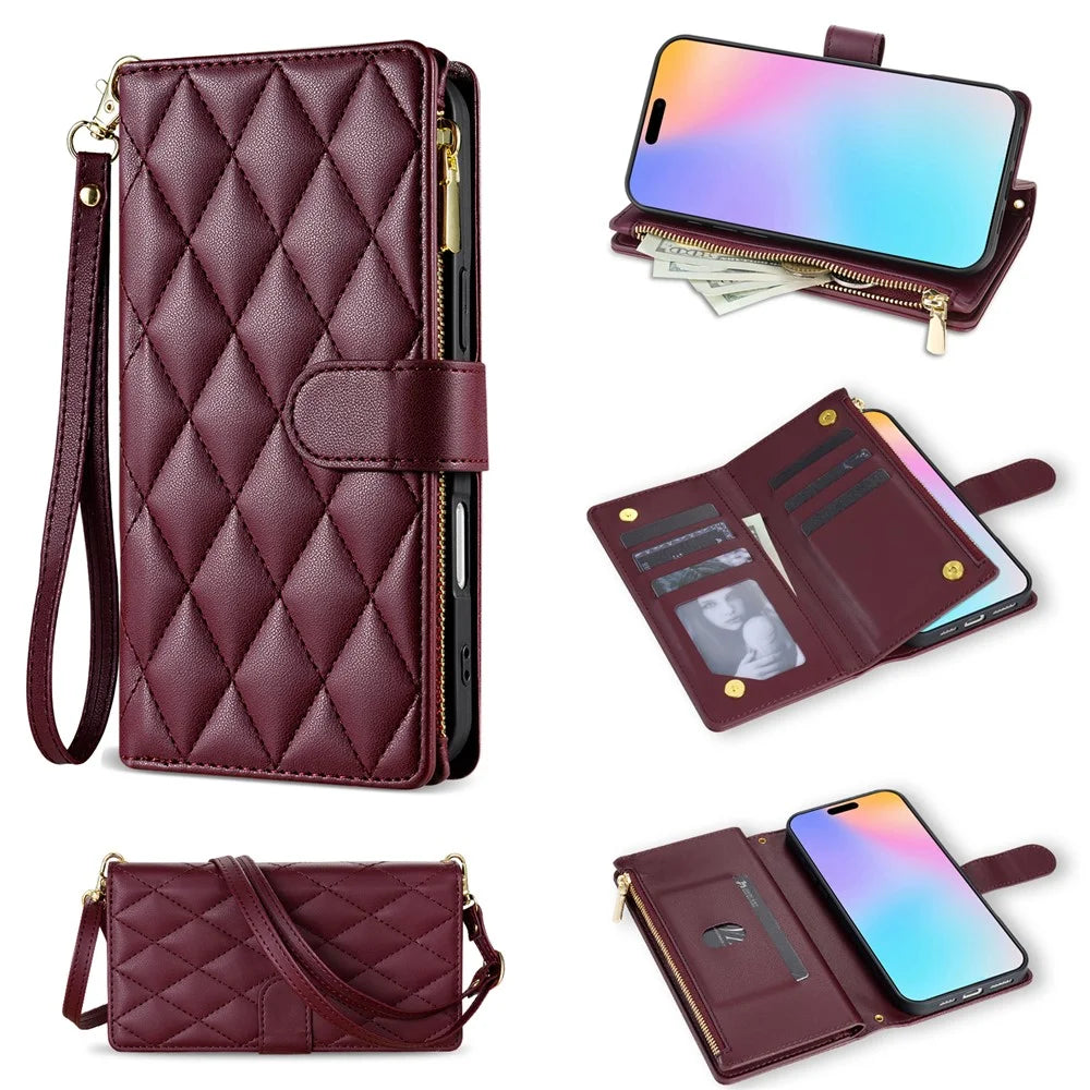 For iPhone 17 Case Rhombus Stitching Leather Wallet Phone Cover with Long  /  Short Strap - Wine Red - 1
