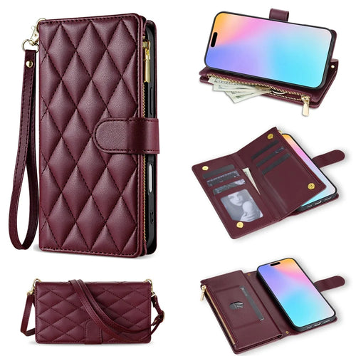 For iPhone 17 Case Rhombus Stitching Leather Wallet Phone Cover with Long  /  Short Strap - Wine Red - 1