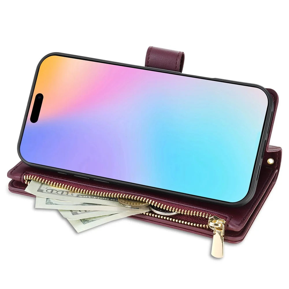 For iPhone 17 Case Rhombus Stitching Leather Wallet Phone Cover with Long  /  Short Strap - Wine Red - 2