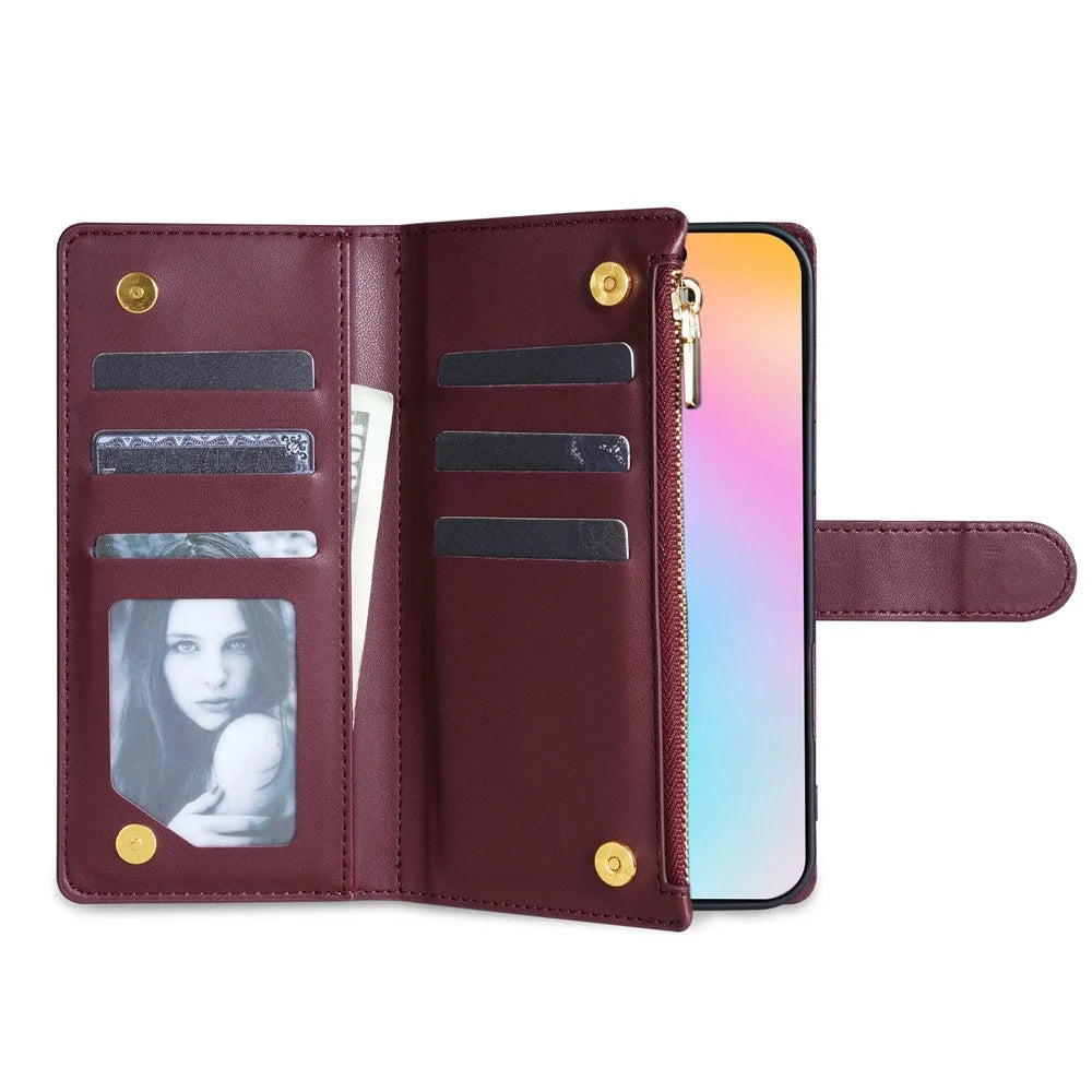 For iPhone 17 Case Rhombus Stitching Leather Wallet Phone Cover with Long  /  Short Strap - Wine Red - 3