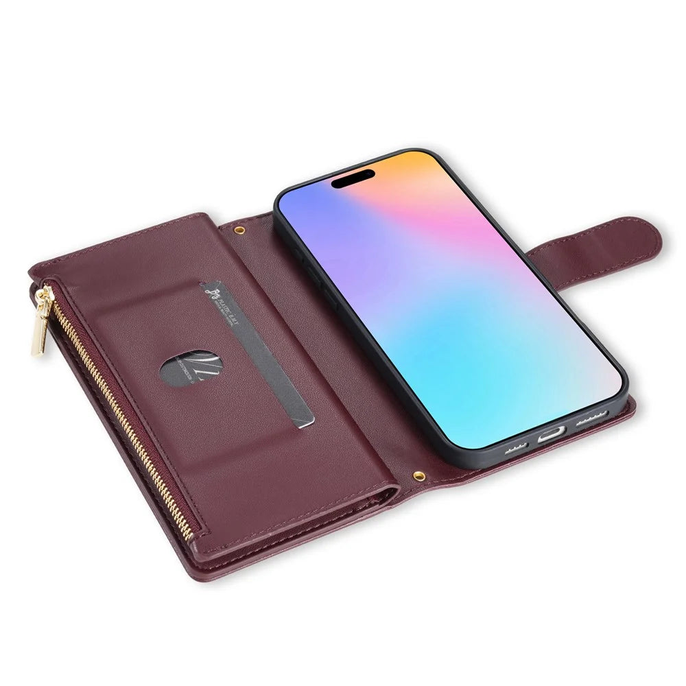 For iPhone 17 Case Rhombus Stitching Leather Wallet Phone Cover with Long  /  Short Strap - Wine Red - 4