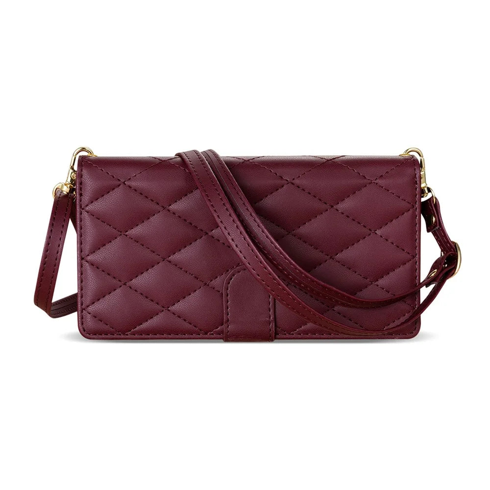 For iPhone 17 Case Rhombus Stitching Leather Wallet Phone Cover with Long  /  Short Strap - Wine Red - 5