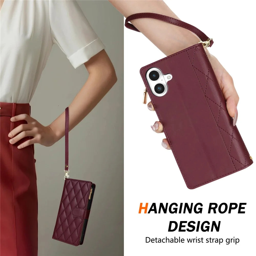 For iPhone 17 Case Rhombus Stitching Leather Wallet Phone Cover with Long  /  Short Strap - Wine Red - 6