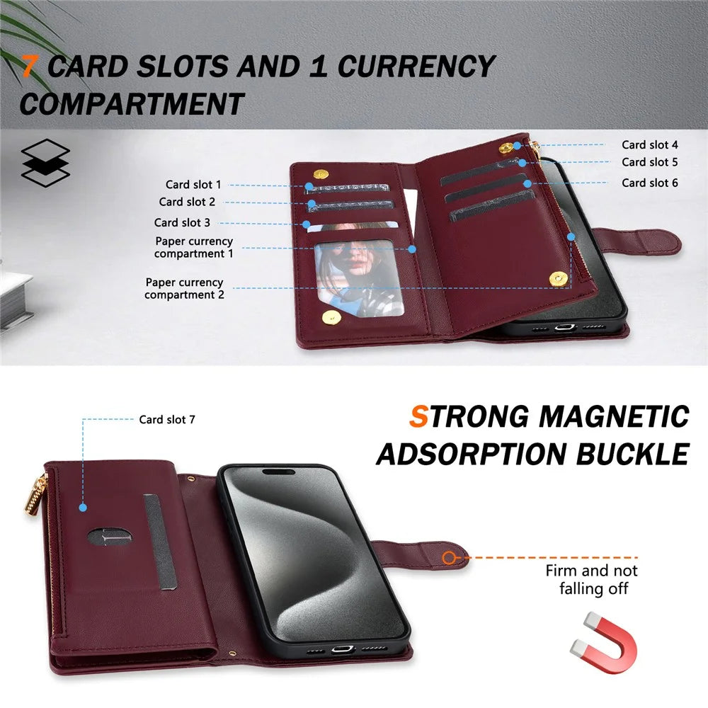 For iPhone 17 Case Rhombus Stitching Leather Wallet Phone Cover with Long  /  Short Strap - Wine Red - 7
