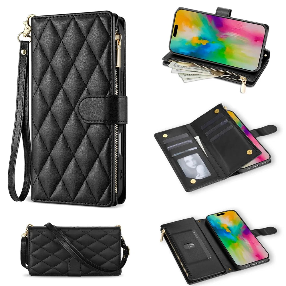 For iPhone Air Case Rhombus Stitching Leather Wallet Phone Cover with Long  /  Short Strap - Black - 1