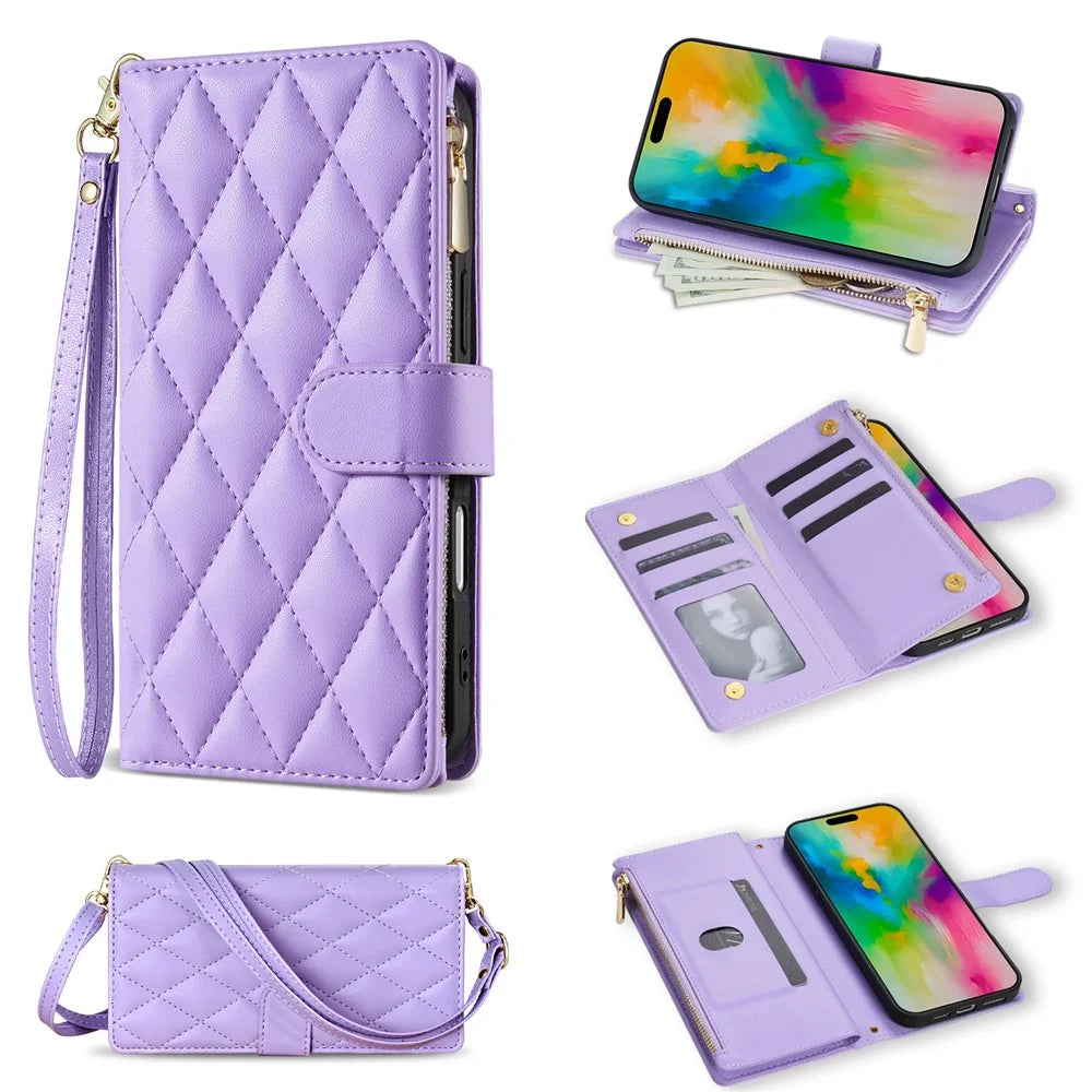 For iPhone 18 Pro / 17 Pro Case Rhombus Stitching Leather Wallet Phone Cover with Long  /  Short Strap - Light Purple - 1