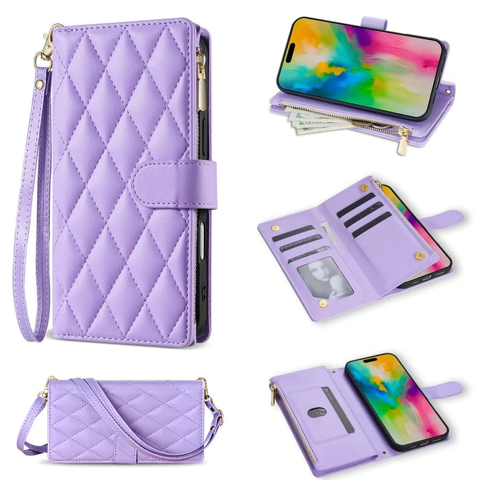 For iPhone 18 Pro Max / 17 Pro Max Case Rhombus Stitching Leather Wallet Phone Cover with Long  /  Short Strap - Light Purple - 1
