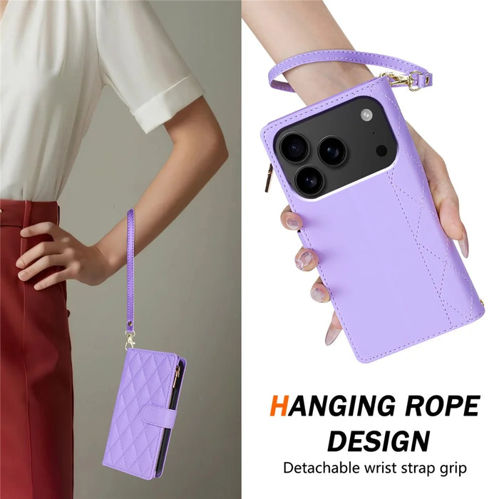 For iPhone 18 Pro Max / 17 Pro Max Case Rhombus Stitching Leather Wallet Phone Cover with Long  /  Short Strap - Light Purple - 6