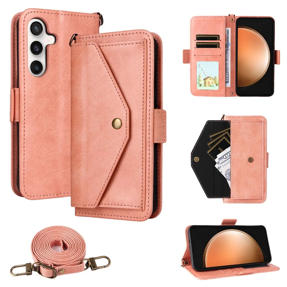 For Samsung Galaxy S25 FE Leather Case Magnetic Closure Wallet Stand Phone Cover with Crossbody Strap - Pink - 1