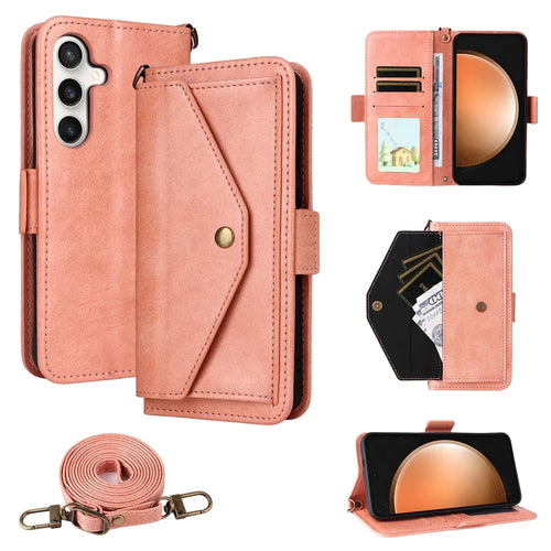 For Samsung Galaxy S25 FE Leather Case Magnetic Closure Wallet Stand Phone Cover with Crossbody Strap - Pink - 1