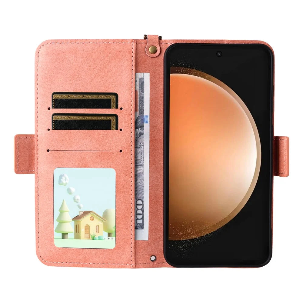 For Samsung Galaxy S25 FE Leather Case Magnetic Closure Wallet Stand Phone Cover with Crossbody Strap - Pink - 2