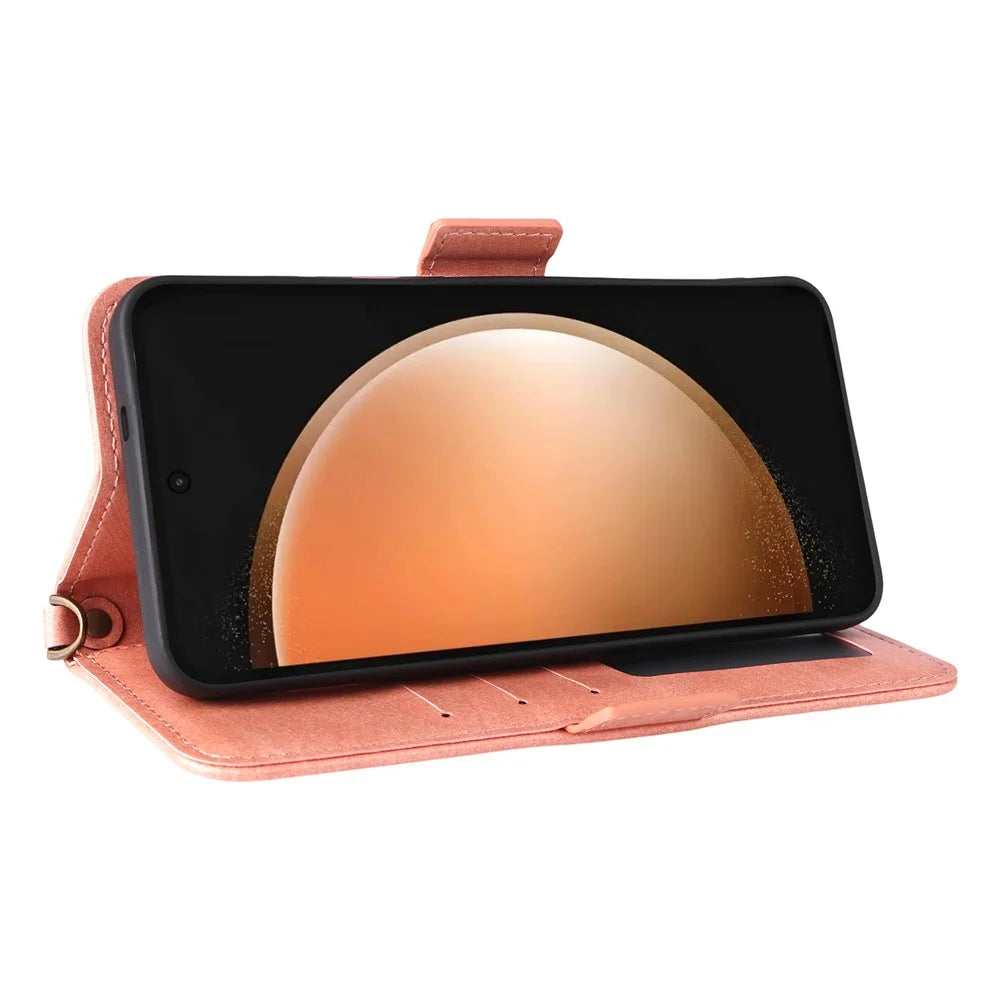 For Samsung Galaxy S25 FE Leather Case Magnetic Closure Wallet Stand Phone Cover with Crossbody Strap - Pink - 3