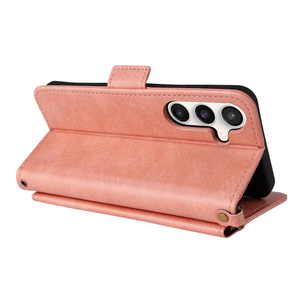 For Samsung Galaxy S25 FE Leather Case Magnetic Closure Wallet Stand Phone Cover with Crossbody Strap - Pink - 4