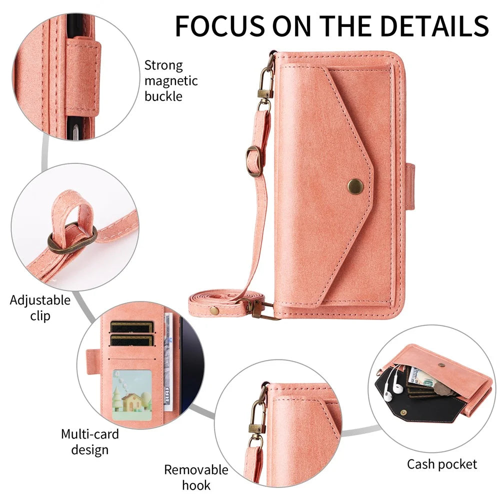 For Samsung Galaxy S25 FE Leather Case Magnetic Closure Wallet Stand Phone Cover with Crossbody Strap - Pink - 7