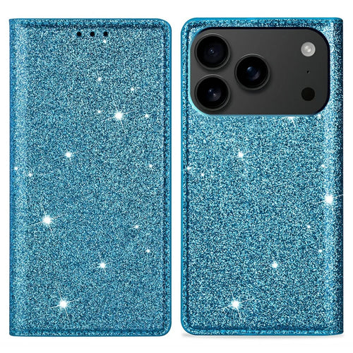 For iPhone 18 Pro / 17 Pro Case Glittery PU Leather + TPU Card Slot Phone Cover - Blue - 1