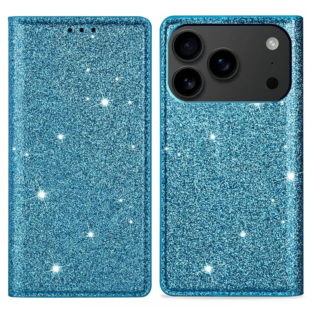 For iPhone 18 Pro Max / 17 Pro Max Case Glittery PU Leather + TPU Card Slot Phone Cover - Blue - 1