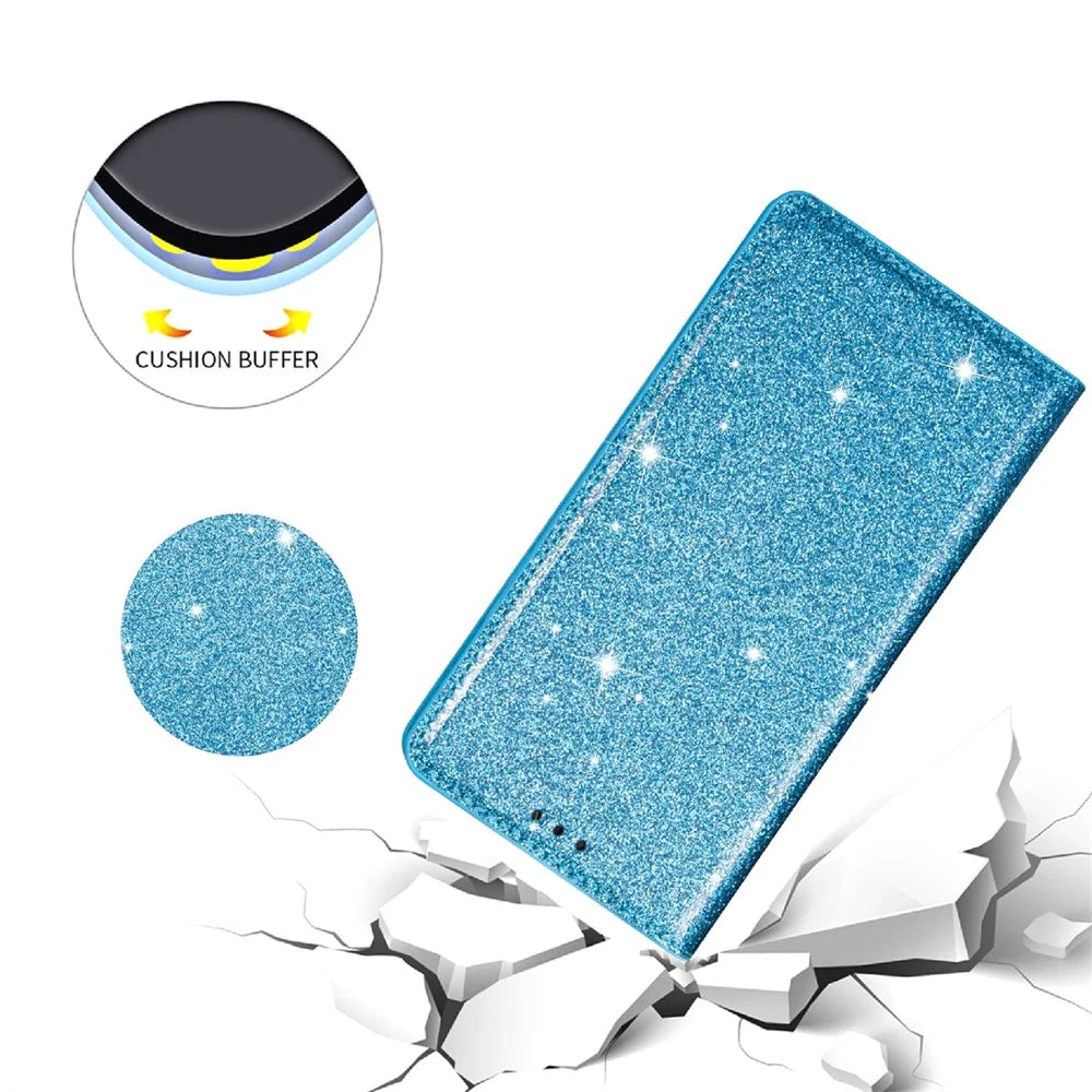 For iPhone 18 Pro Max / 17 Pro Max Case Glittery PU Leather + TPU Card Slot Phone Cover - Blue - 5