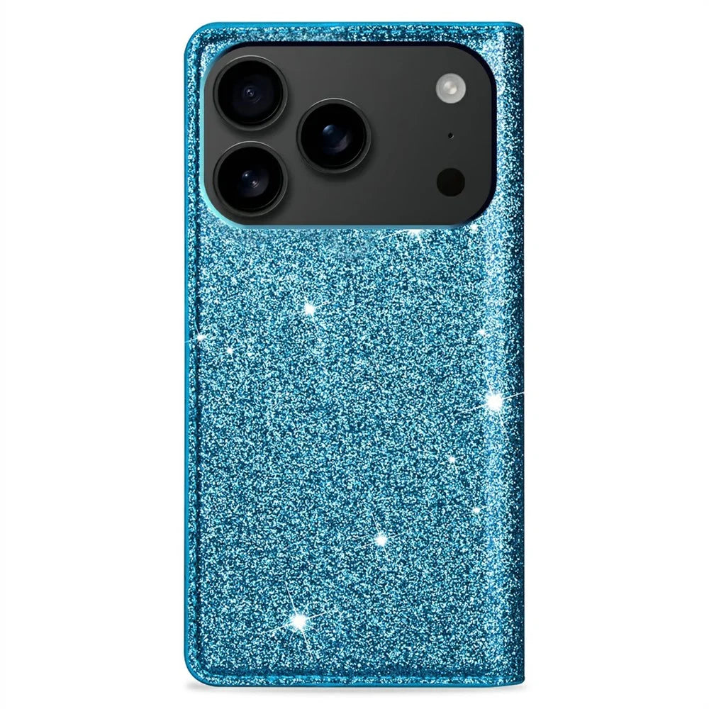 For iPhone 18 Pro Max / 17 Pro Max Case Glittery PU Leather + TPU Card Slot Phone Cover - Blue - 7