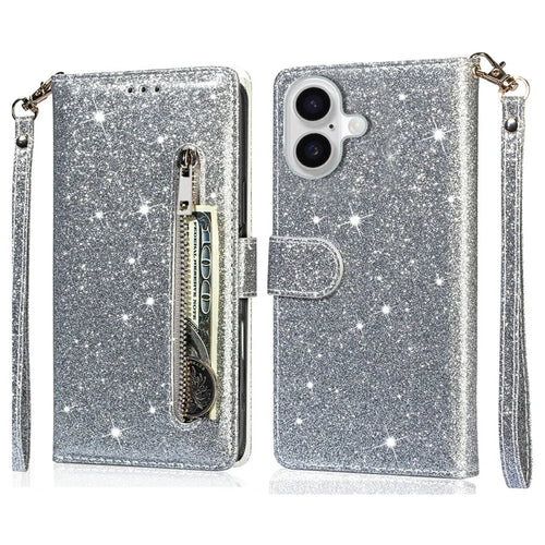 For iPhone 17 Stand Case Glitter Phone Leather Cover Zipper Pocket - Silver - 1