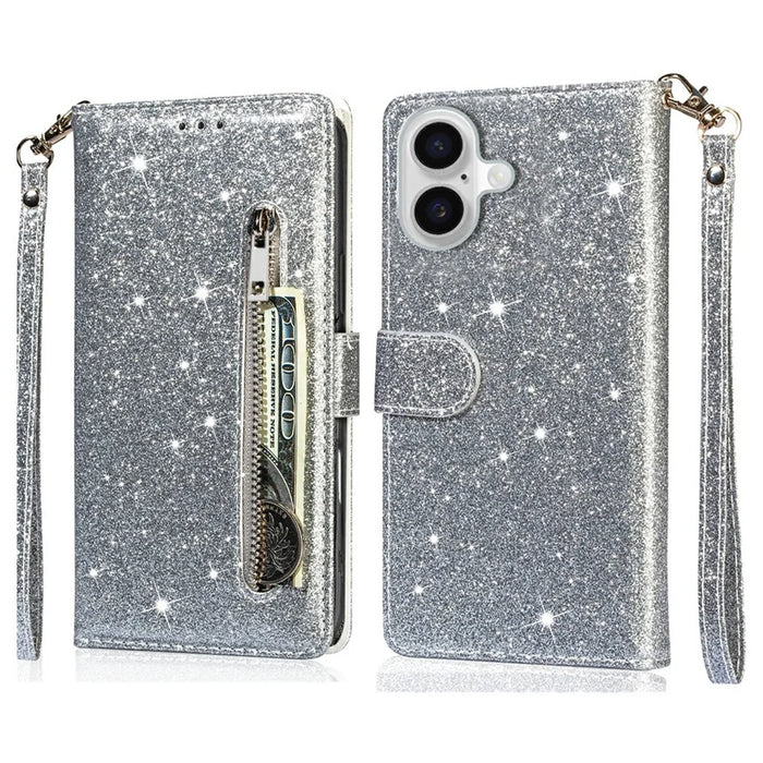 For iPhone 17 Stand Case Glitter Phone Leather Cover Zipper Pocket - Silver - 1