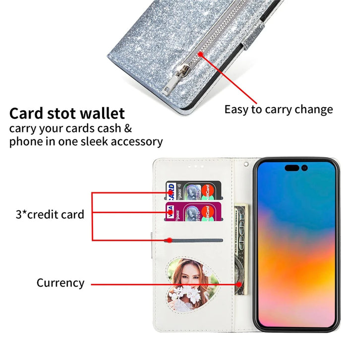 For iPhone 17 Stand Case Glitter Phone Leather Cover Zipper Pocket - Silver - 4